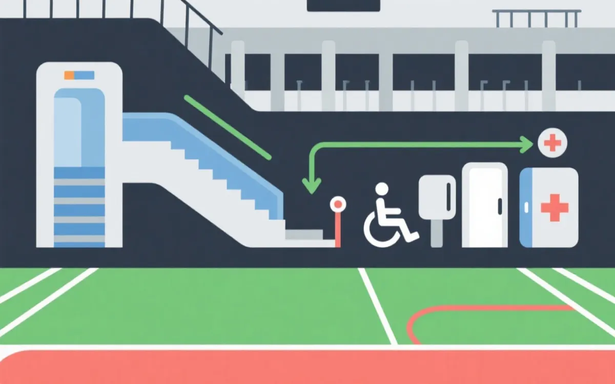 无障碍球场动线示意：电梯、入口、卫生间与急救点