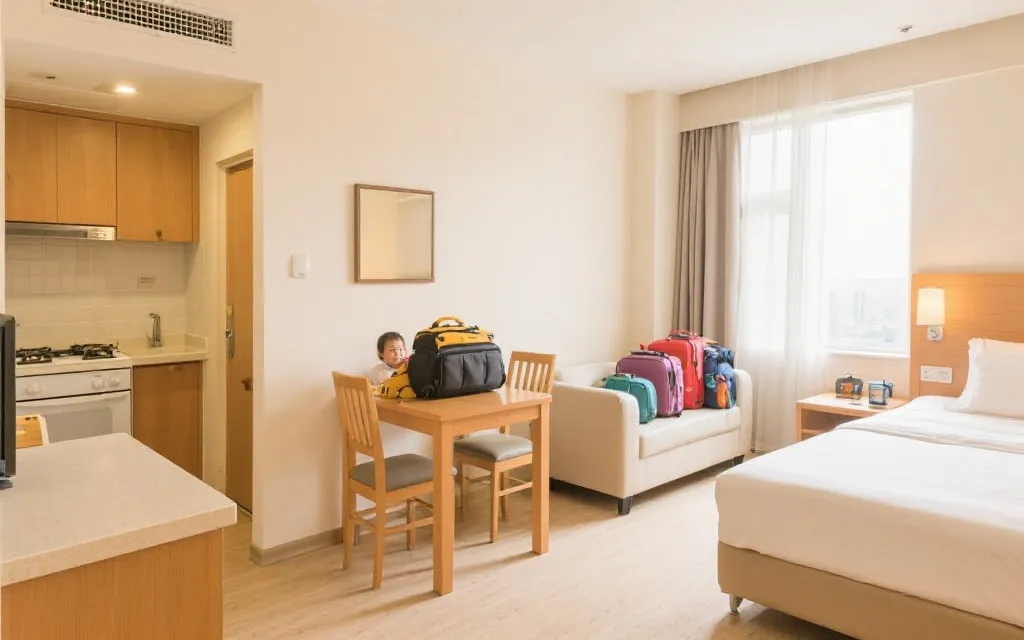 温馨的家庭套房内景，带简易厨房与餐桌，适合世界杯期间长住