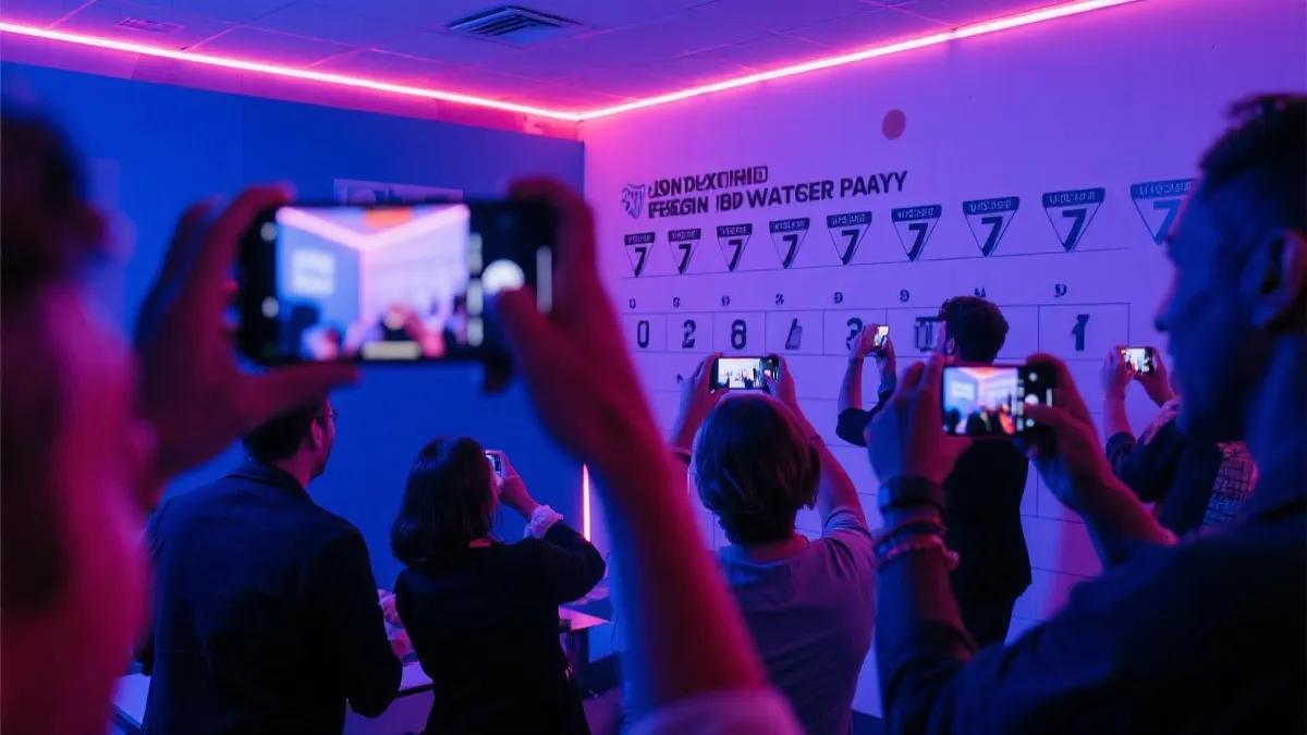 世界杯赛中营销场景：品牌快闪观赛空间，人群互动投票墙，工作人员在手机上剪辑短视频发布