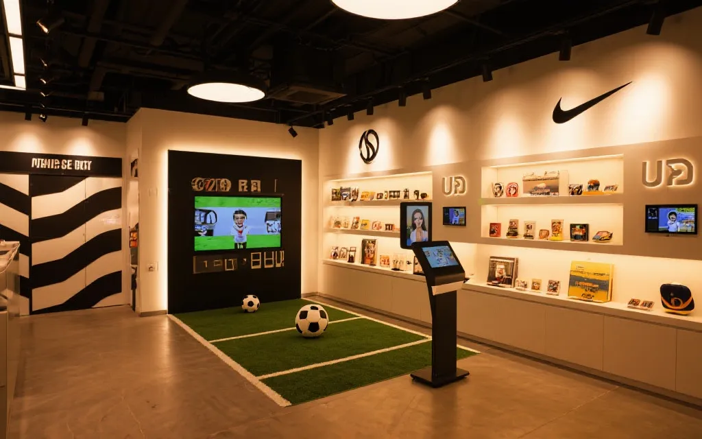 世界杯主题快闪店的陈列与互动打卡区，球迷排队体验与收集周边