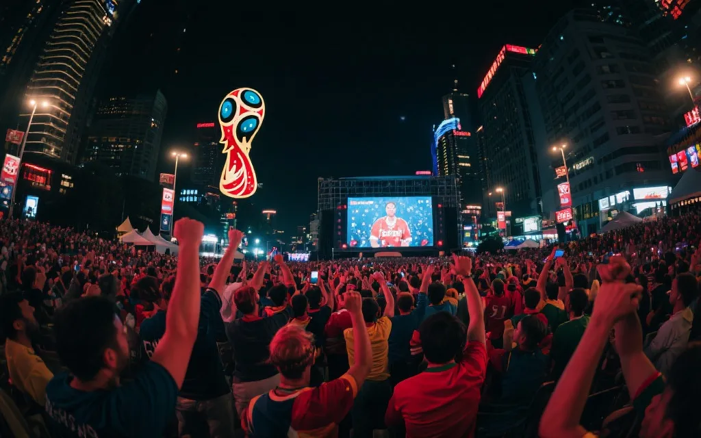 世界杯比赛日城市街头，球迷在公共观赛区与城市夜景交织