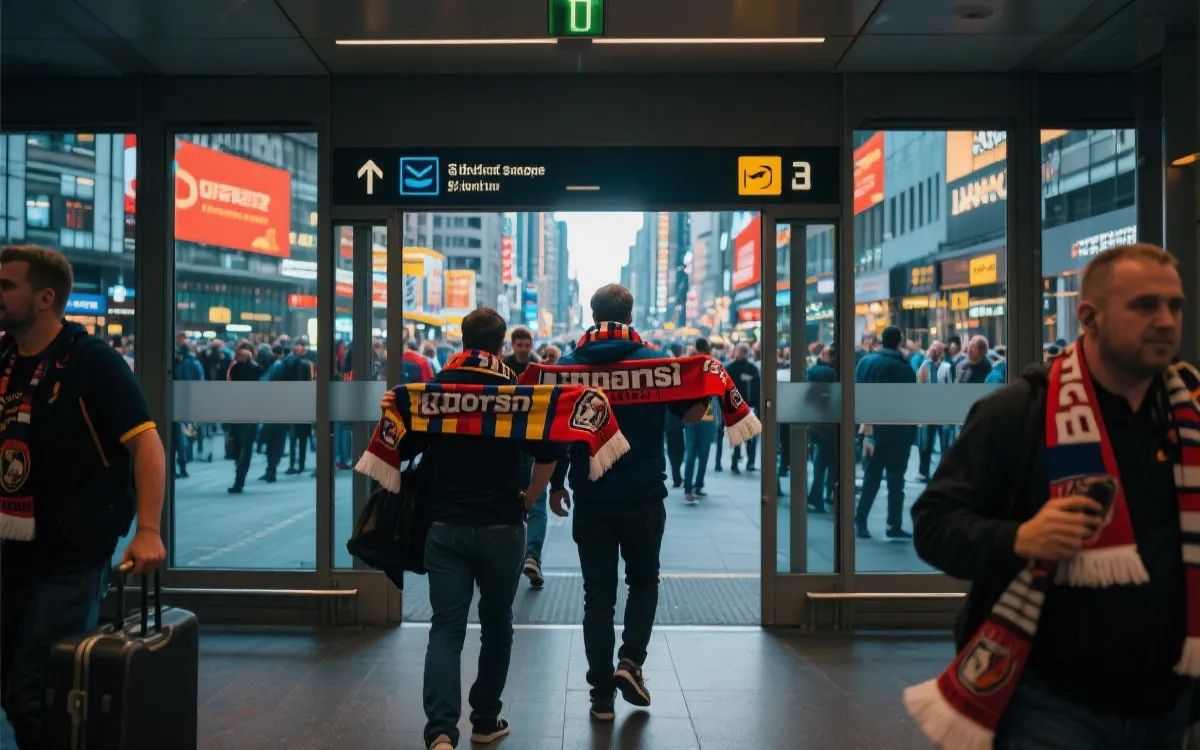 球迷在机场与城市地标间穿梭的旅行纪实风画面